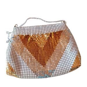 Vintage Elka Metallic Mesh Purse Gold Silver White Disco Clutch Bag 8x6 inches